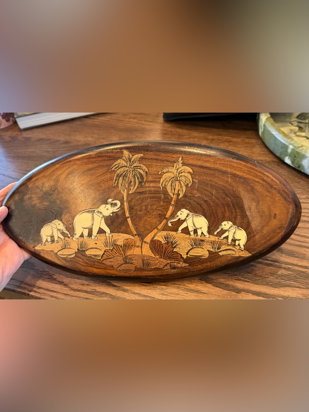 Hand-Carved Wood Elephant Oval Rosewood Wall Hanging - Ivory Inlay
